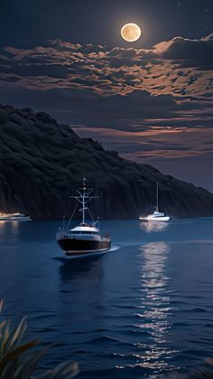 two boats floating in the ocean at night under a full moon and some hills with trees