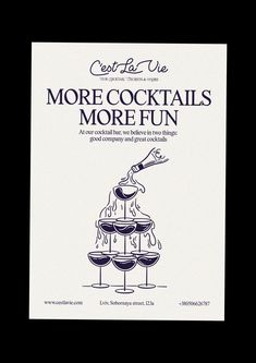 an advertisement for a cocktail party with wine glasses on it and the words more cocktails more fun