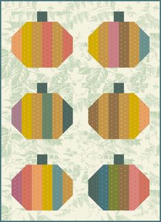 four pumpkins with different colors and patterns are shown in this quilting pattern, which is