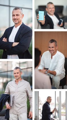 four different shots of men in suits and ties, one holding a cell phone while the other is smiling