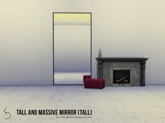 an empty room with a fireplace, mirror and red chair in front of the fireplace