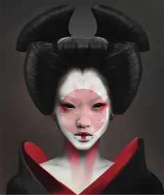 a woman with black hair and red eyes is dressed up in geisha makeup for halloween