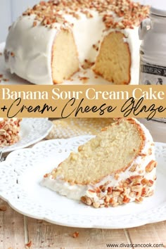 a close up of a cake on a plate with the words banana sour cream cake