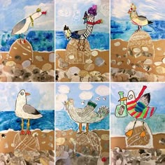 four pictures of seagulls on the beach with rocks and shells in front of them