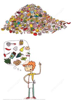 a man is standing in front of a large pile of food and has an empty thought bubble above his head