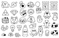 a bunch of cartoon faces drawn in black and white with different shapes, sizes and colors