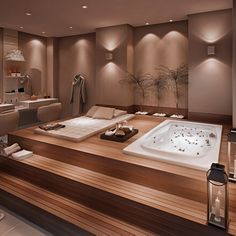 a bathroom with a large jacuzzi tub next to a sink