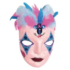 a pink and blue mask with feathers on it