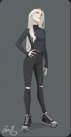 a drawing of a woman with long blonde hair and black clothes, standing in front of a