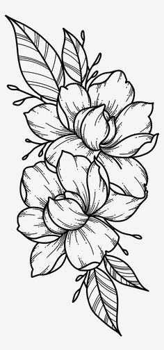 a black and white drawing of flowers with leaves on it's petals are shown