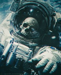 an astronaut with a skull in his helmet and gloves on is looking at the camera