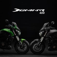 two motorcycles are shown side by side against a black background with the word dommer written on it