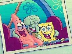 an image of spongebob and patrick in the back seat of a car with two other cartoon characters