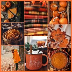 a collage of pumpkins, oranges and other autumn items with words on them