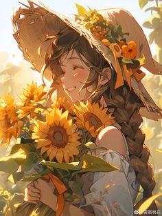 a girl with sunflowers in her hand and a hat on top of her head