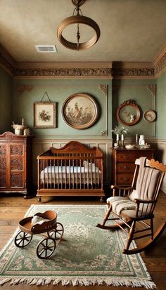 Nursery With French Doors, Old School Nursery Room, Sage Green And Brown Nursery, Rustic Baby Room Ideas, Moody Green Nursery, Victorian Nursery Ideas, Forest Green Baby Nursery, Baby Boy Room Inspiration, Fairytale Baby Room