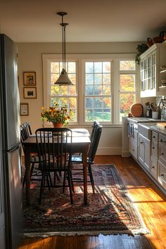 Americana House Aesthetic, French Country Victorian, Mid Century Modern English Cottage, Small Dining Room In Kitchen, Townhouse Home Decor, All Creatures Great And Small Kitchen, Traditionalism Aesthetic, Fall Decorations For Kitchen, 1890 Home Interiors