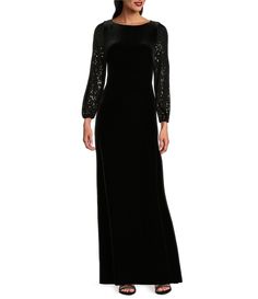 From Alex Evenings&#x2C; this gown features:Stretch velvet fabricationScoop neckline Long sequin bubble hem sleeves Flutter hemline Center back zipper closure Approx. 58" lengthNylon/spandexHand washImported. Black Long Sleeve Maxi Dress With Sequins, Black Long Sleeve Gown Nordstrom, Black Long Sleeve Embellished Gown, Black Floor-length Evening Dress With Sequins, Black Sequin Long Sleeve Maxi Dress, Formal Wedding Guest Dress, Alex Evenings, Sleeve Gown, Bubble Hem