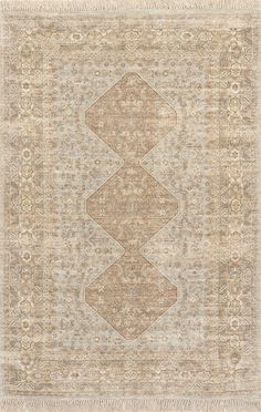 an antique rug with different colors and patterns on the carpet, including beiges and browns