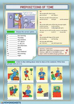 a poster with pictures of people talking to each other and the words prepositions of time