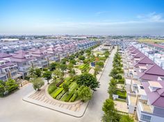 an aerial view of several rows of houses