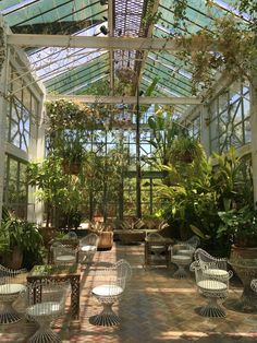 the inside of a greenhouse with lots of plants and chairs in it's center