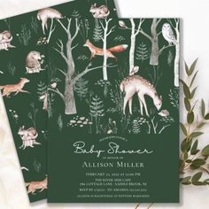 the woodland deer baby shower is shown in dark green and features an illustration of trees, mushrooms