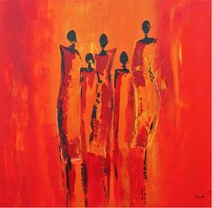 an abstract painting with red and orange colors, depicting three women standing in front of each other