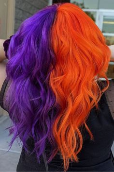 Purple And Orange Hair Orange Hair Ideas, Purple And Orange Hair, Orange Hair Color Ideas, Orange Hair Color, Orange Hair Dye, Hidden Hair Color, Hair Color Orange, Rave Hair