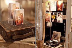 an old suitcase with pictures on it and a record player in the back ground next to them