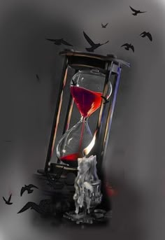 an hourglass with red liquid in it and birds flying around