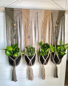 three hanging planters with plants in them and some tassels on the wall