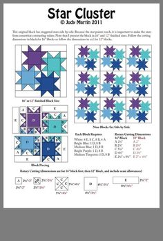 the star clusterer quilt pattern is shown in blue and purple, with different sizes