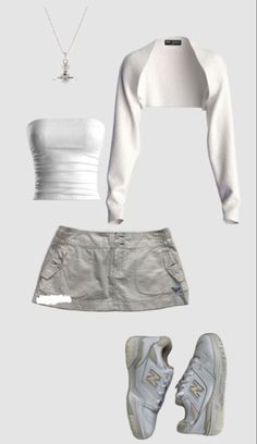 not my pic ~ outfit board, outfit mood, outfit mood board, fit board, outfit inspo, outfit inspiration, fit inspo, fit inspiration, white clothing, white outfit, tube top, skirt, sweater, white sweater, new balances, white new balances, style, fashion Sims4 Clothes, 2000s Fashion Outfits, Mode Inspo, Cute Simple Outfits, Mode Vintage, Casual Style Outfits