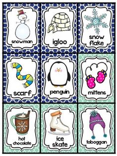 an image of winter words and pictures to practice the word snowflakes in this game