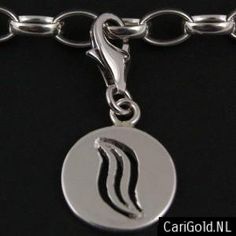 a close up of a metal chain with a silver charm on it's side