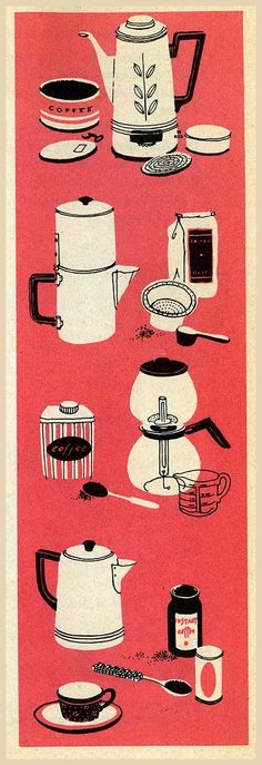 an illustration of tea kettles and pans on a red background with white border