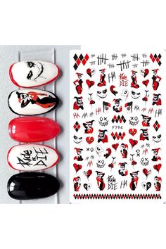 Joker, Quinn, Heart, Halloween Finger Nail Stickers Trick or Treat Halloween red Crosses Black White - Harley Red Cross, Halloween Treats, Trick Or Treat, Black And White, Nails, Halloween