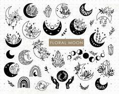 the moon and stars are drawn in black ink on white paper, with an inscription floral moon