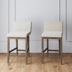 two white upholstered barstools in an empty room with wood flooring