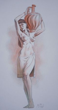 a drawing of a woman with a vase on her head and arms behind her back