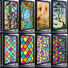 six stained glass panels with different designs on them