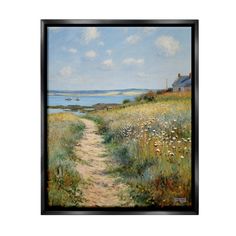 an oil painting of a path leading to a house on the shore with water in the background