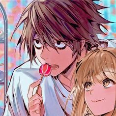 two anime characters one is holding a lollipop