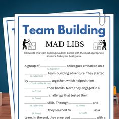 a poster with the words team building and mad libs written in blue on it