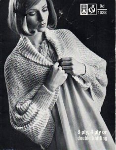 a woman is wearing a sweater and holding her coat over her shoulders with the text, 3 - ply 4 - ply or double knitting