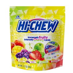 a bag of fruity chew candy on a white background with the words hi - chew