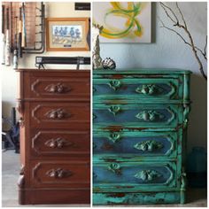 three different colored dressers with pictures on the wall and one is brown, green, and blue