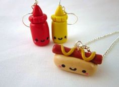 three different necklaces made to look like hotdogs and ketchup bottles