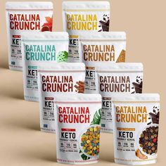 four bags of catalina crunch are shown in this image, and the packaging is designed to look like they're made from scratch